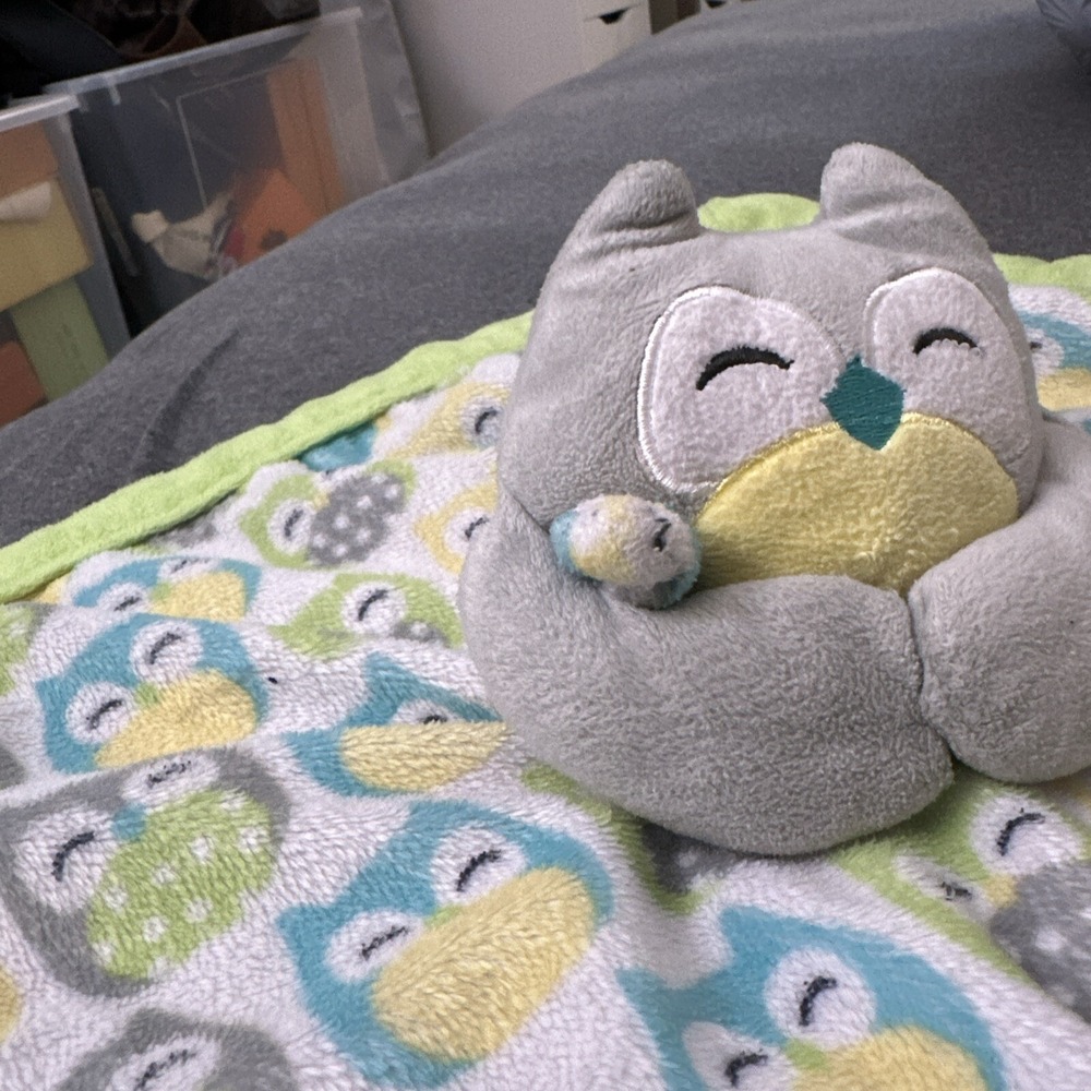 Carters Owl Baby Security Blanket Lovey Plush Stuffed Velour Green Gray Teal - Picture 3 of 7